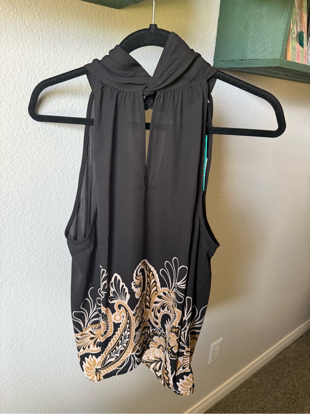 Black Sleeveless Halter Blouse with Beige Floral Border